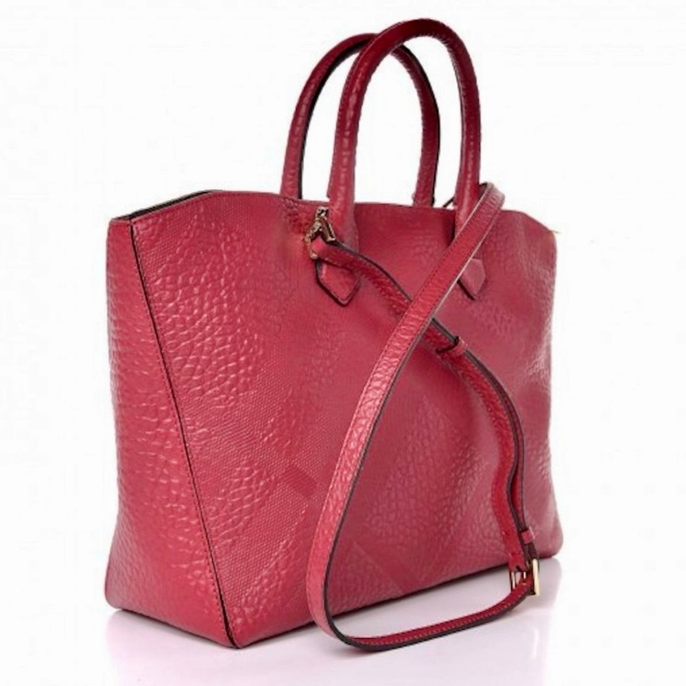 EUC BURBERRY LONDON LEATHER CHECK DEWSBURY MEDIUM TOTE BAG IN PEONY ROSE COLOR